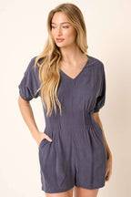 PINTUCK DETAIL V NECK SHORT SLEEVE ROMPER