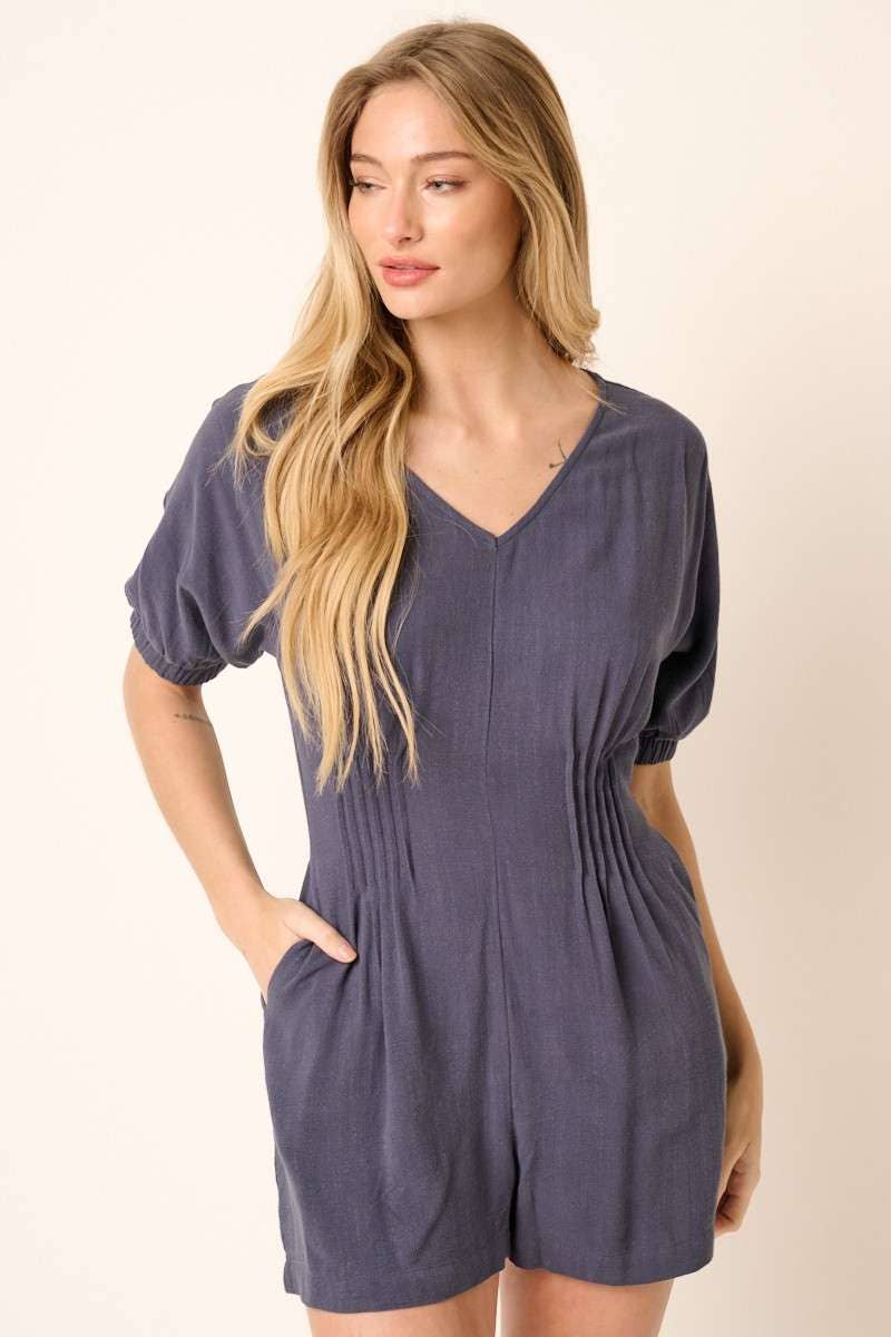 PINTUCK DETAIL V NECK SHORT SLEEVE ROMPER