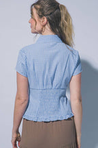 0410 Short Sleeve Collared Ruffled Hem Shirt SI-29702