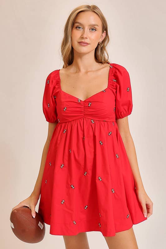 Football Embroidered Game Day Puff Sleeve Dress