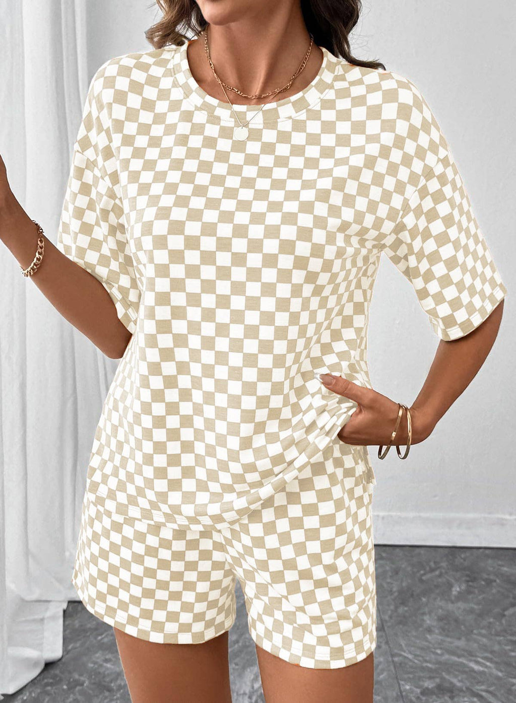 Checkered Short Sleeve Drawstring Lounge Set