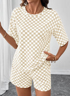 Checkered Short Sleeve Drawstring Lounge Set