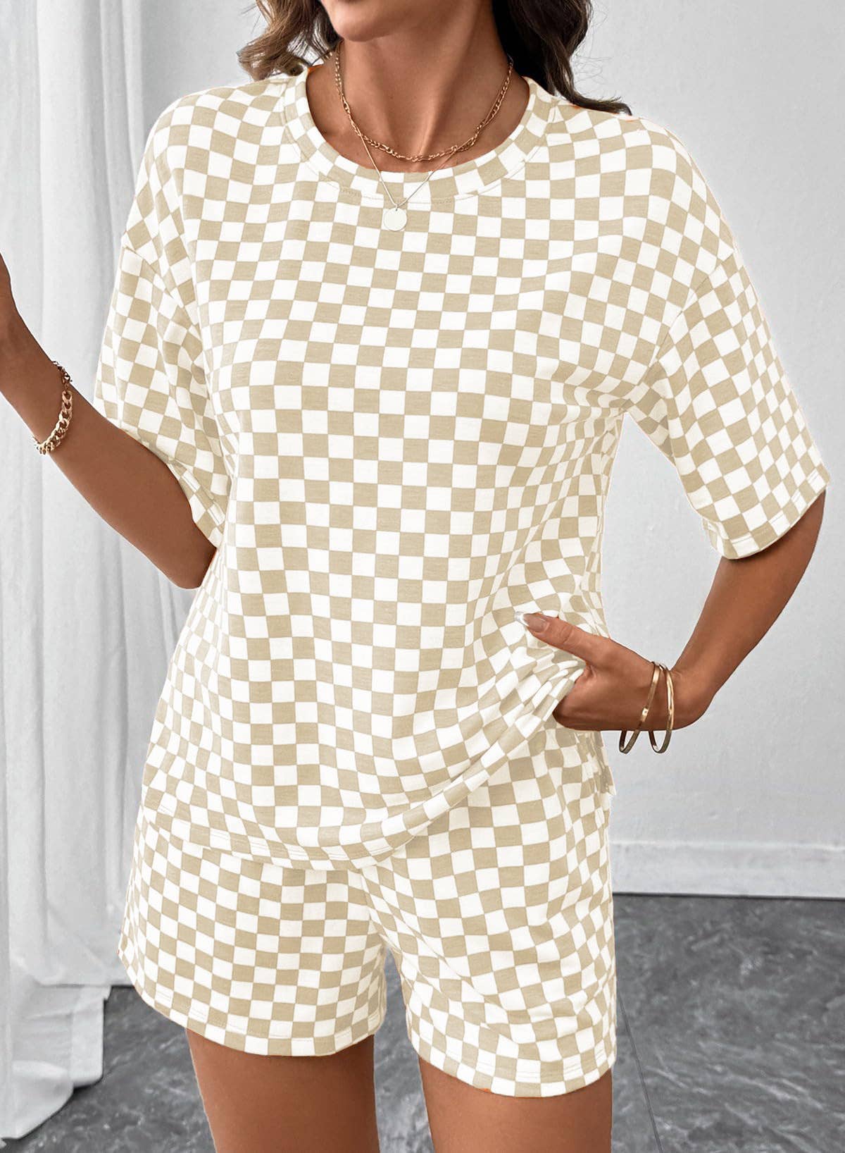 Checkered Short Sleeve Drawstring Lounge Set