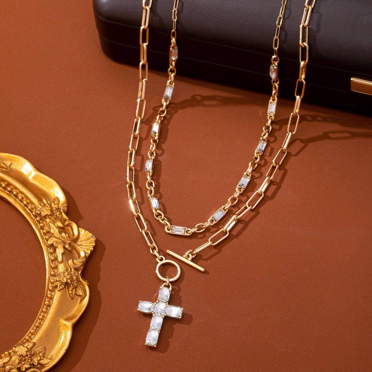 Layered Paperclip Chain Crystal Cross Necklace | 80N93790