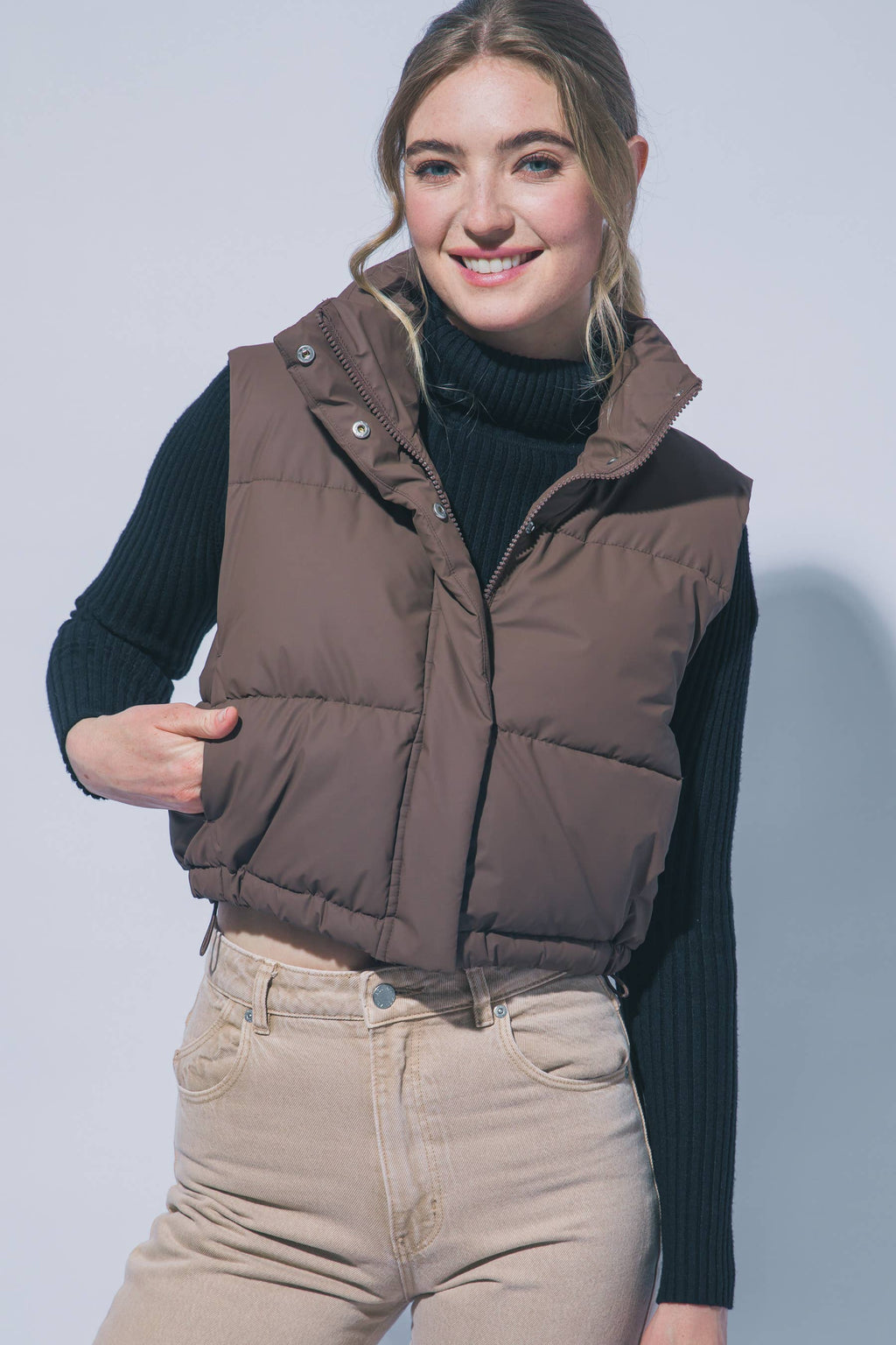 PU Cropped Puffer Vest With Pockets