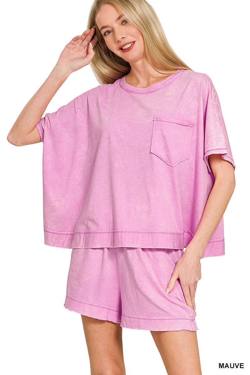 Acid Washed Oversized Top & Shorts Set - Zenana