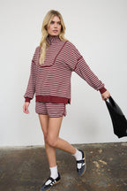 HALF ZIP STRIPE CONTRAST TRIM LONG SLEEVE KNIT TOP