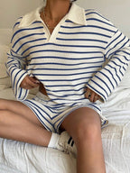 Striped Polo Lounge Set Resort Textured Collared Oversized