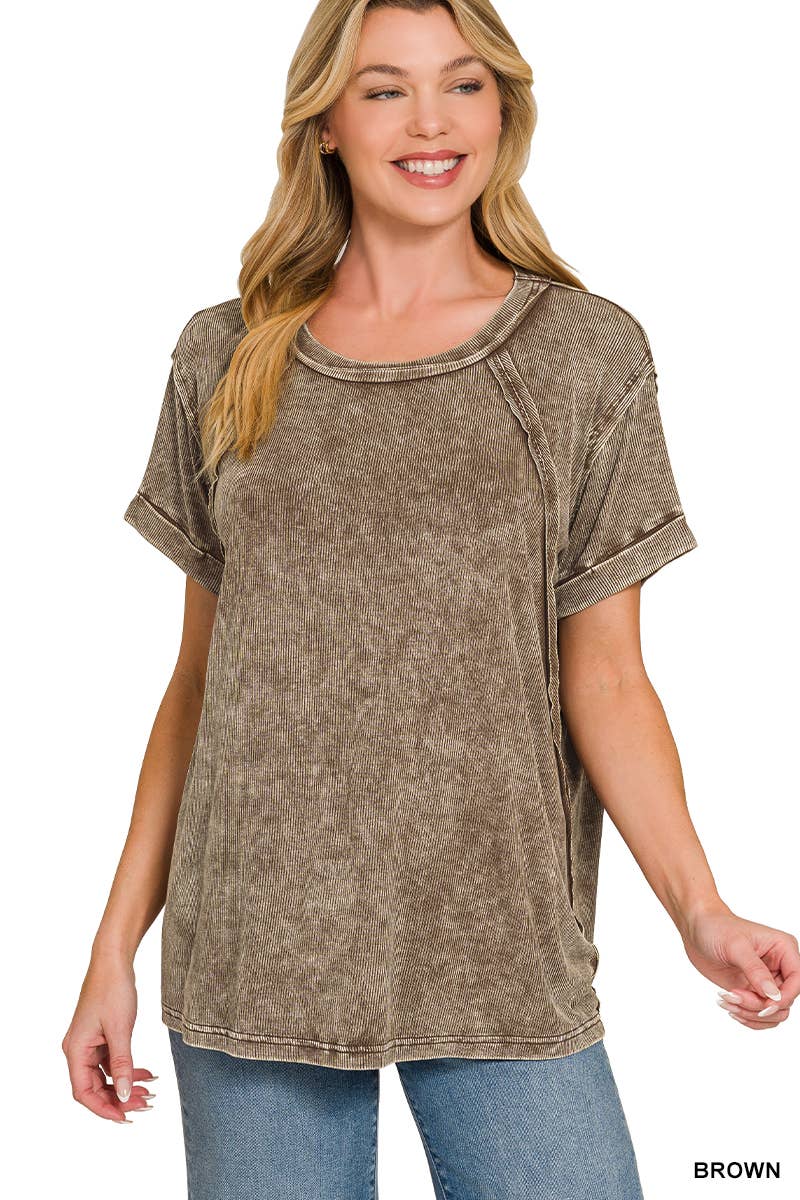 Washed Ribbed Cuffed Short Sleeve Round Neck Top
