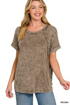 Washed Ribbed Cuffed Short Sleeve Round Neck Top