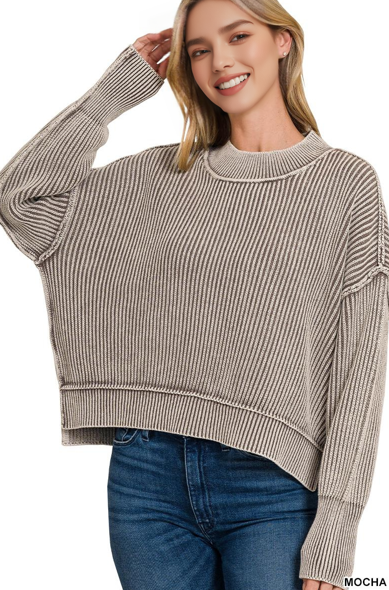 `Washed Side Slit Oversized Cropped Sweater SI-26510 Zenana