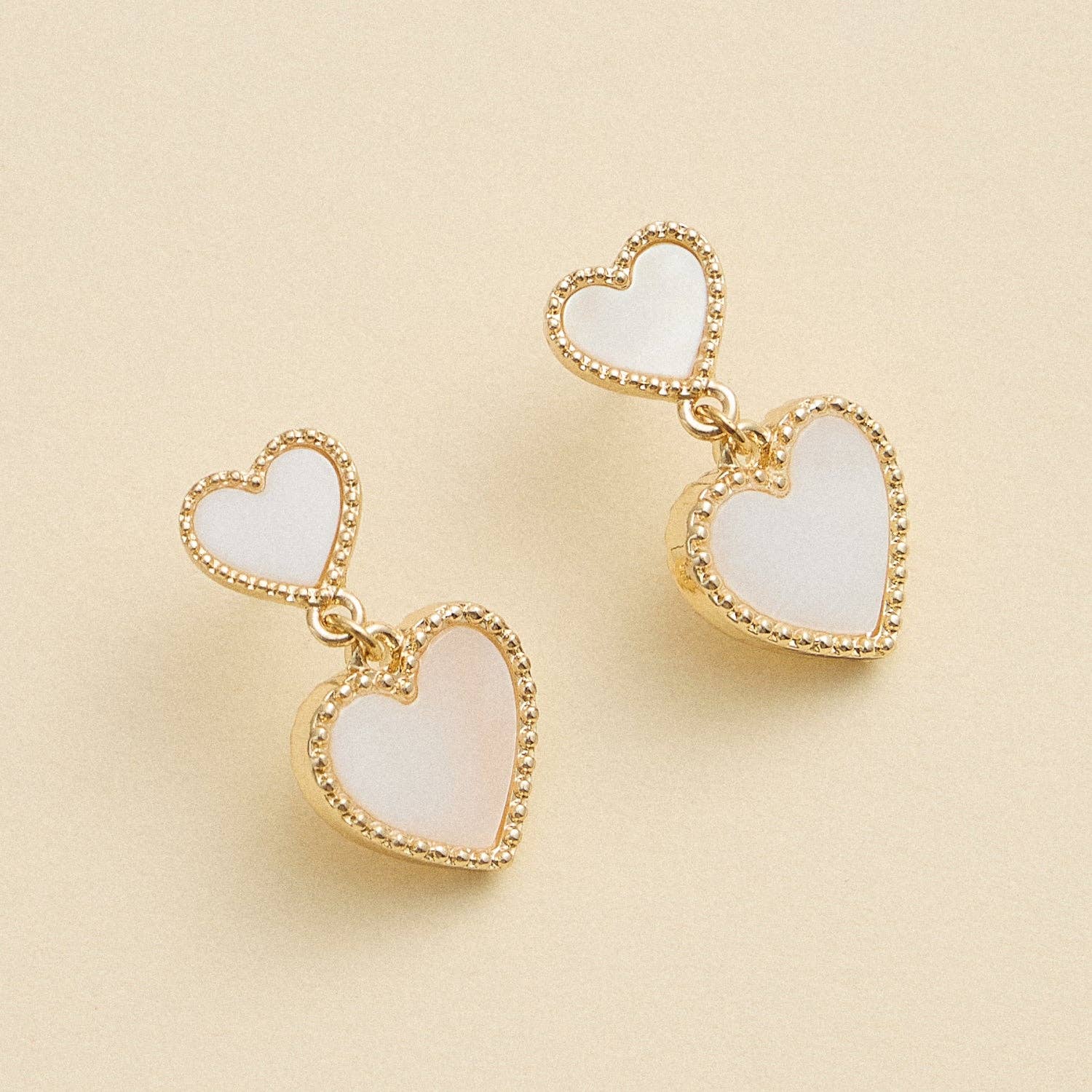 Dual Heart Shell Drop Earrings | Natural Inlay with Polished Metal Trim