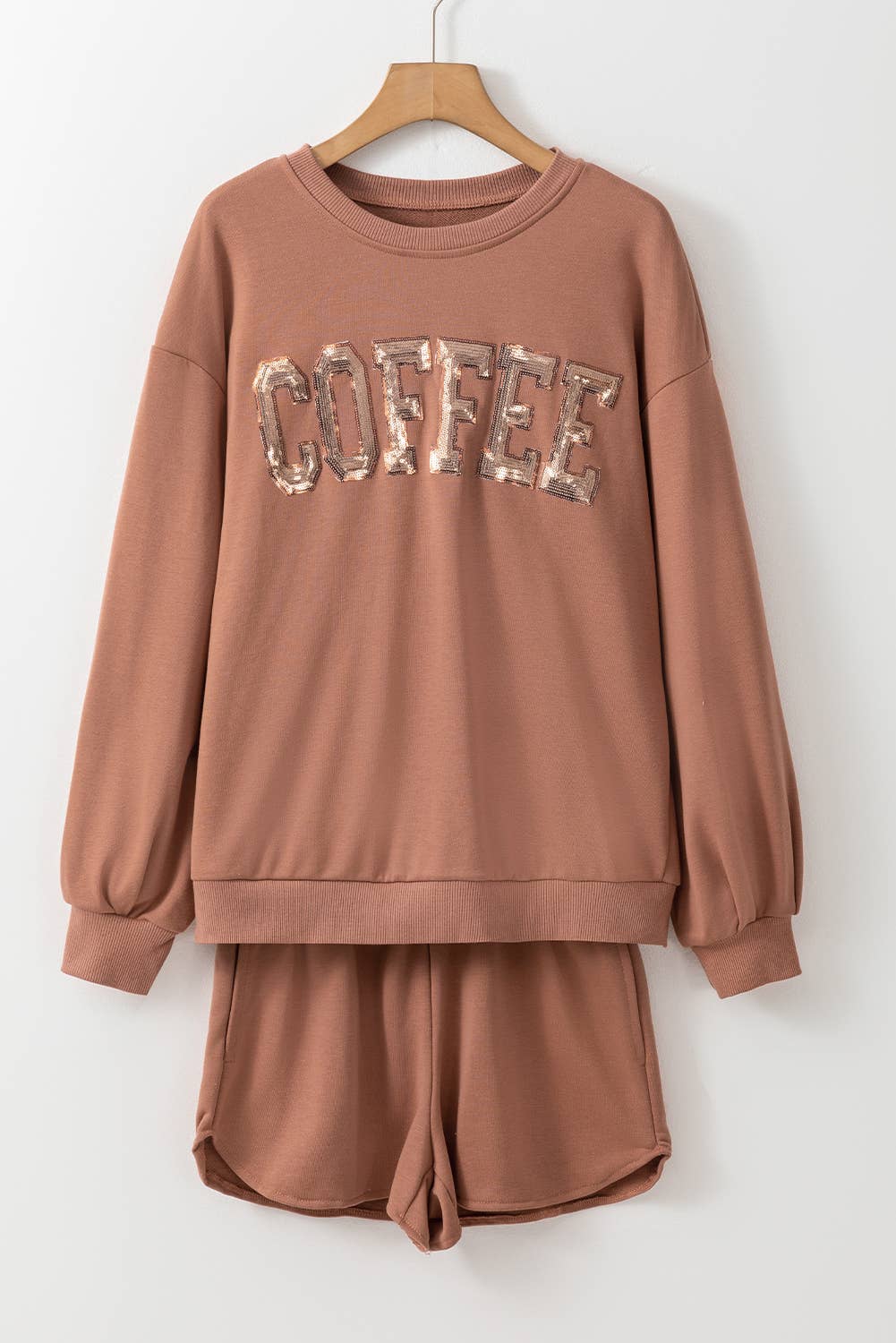 Coffee Sequin Sweatshirt + Shorts Set