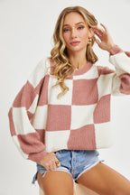 CASUAL SOFT COZY  RELAXED FIT CHECKER KNIT SWEATER
