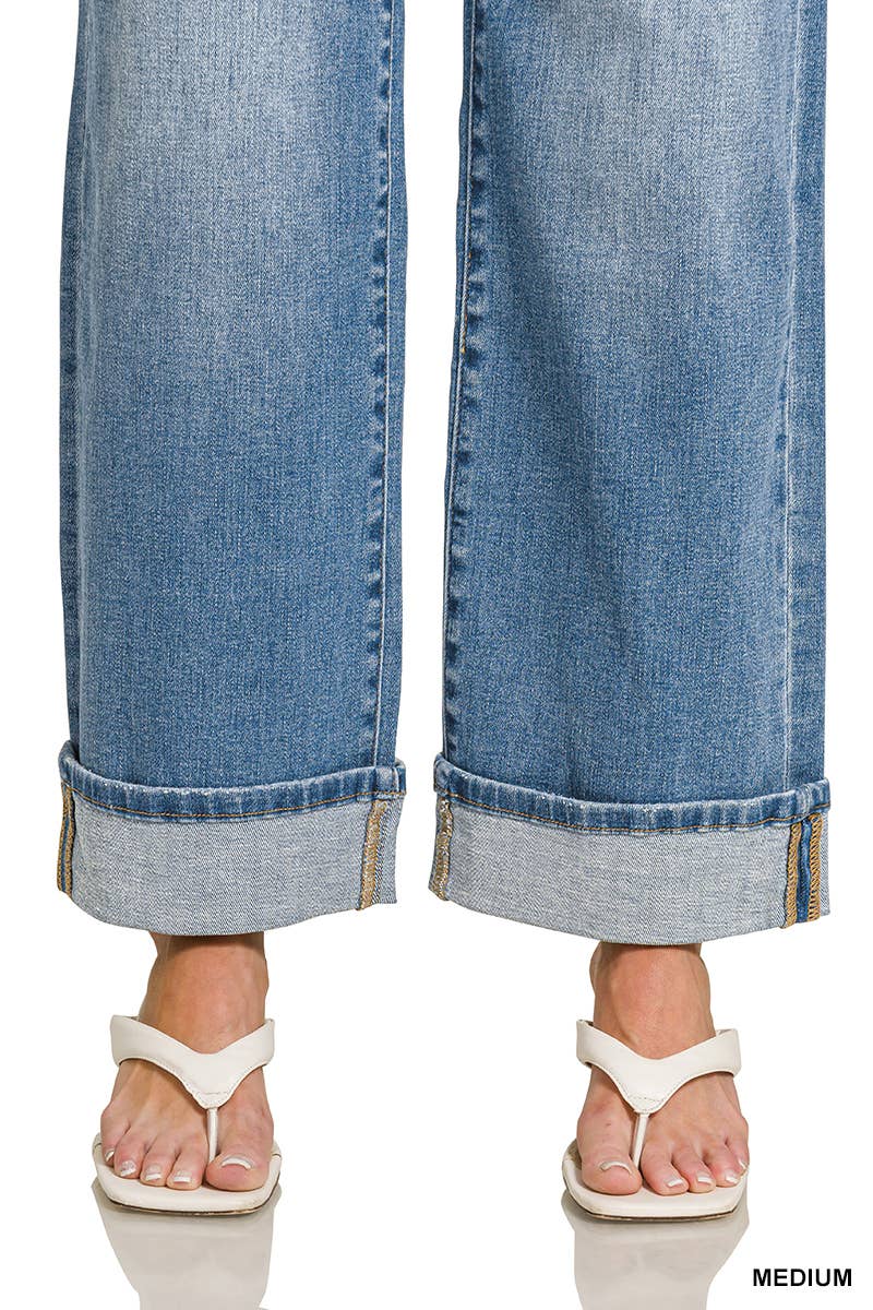 High Rise Cuffed Wide Leg Denim Pants  Zenana