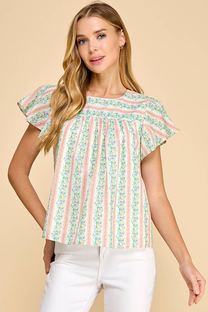 CT8860-Floral Striped Round Neck Ruffle Sleeves Top