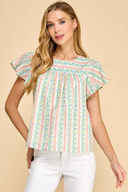 CT8860-Floral Striped Round Neck Ruffle Sleeves Top