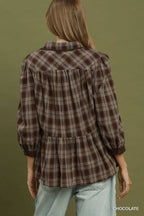 Plaid Button Front Puff Sleeve Blouse