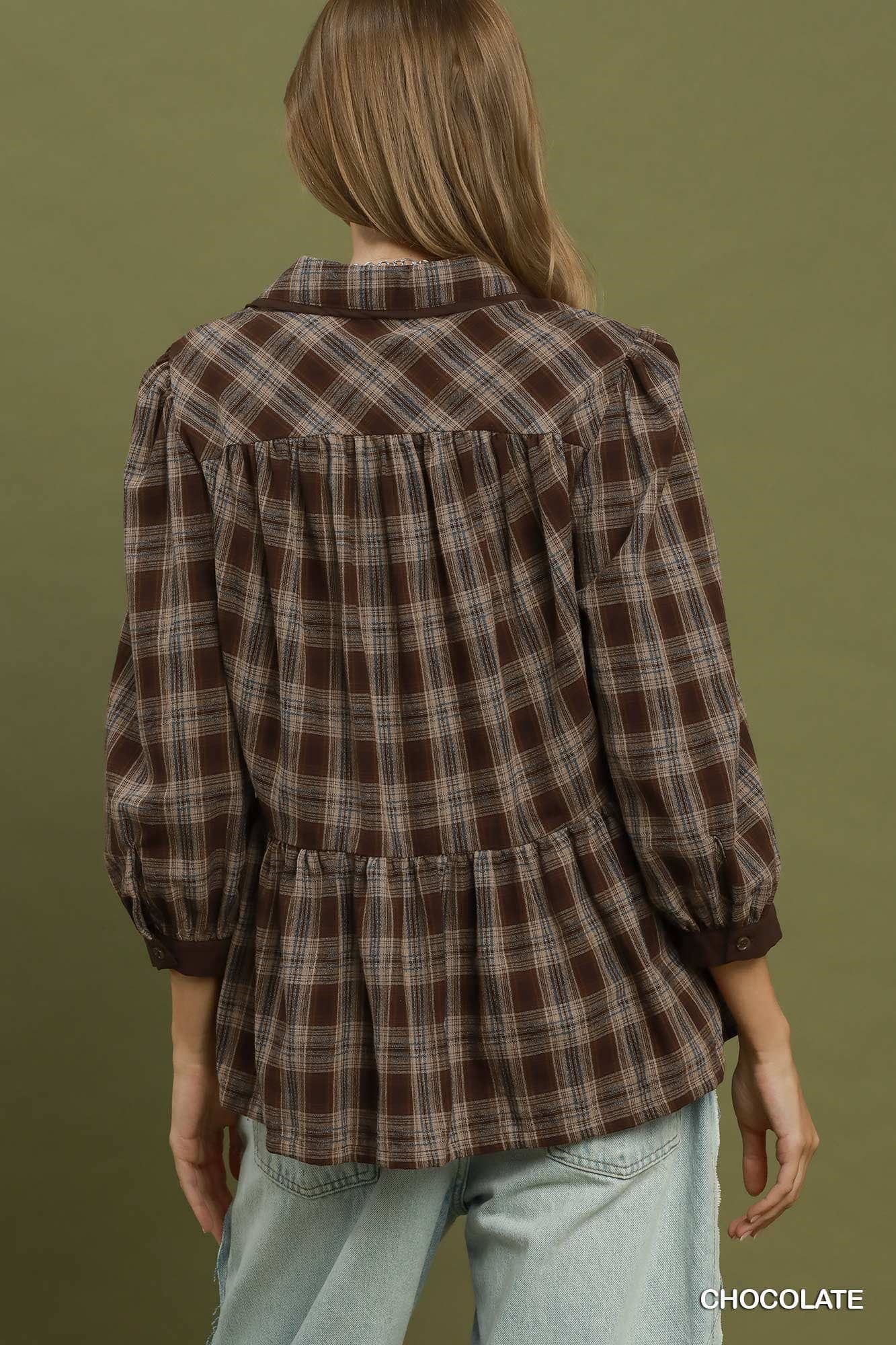 Plaid Button Front Puff Sleeve Blouse