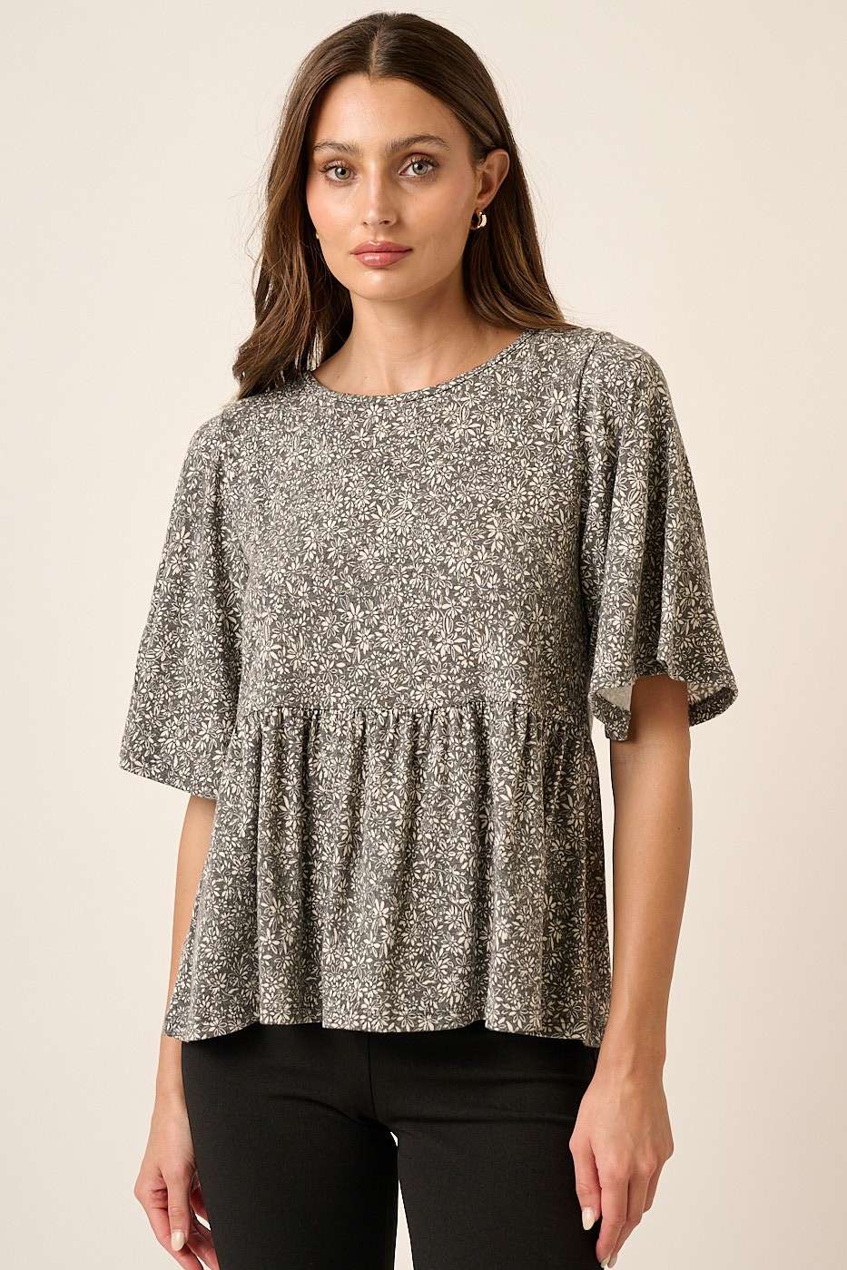 T10161 - DITSY FLOWER PRINT BABY DOLL KNIT TOP