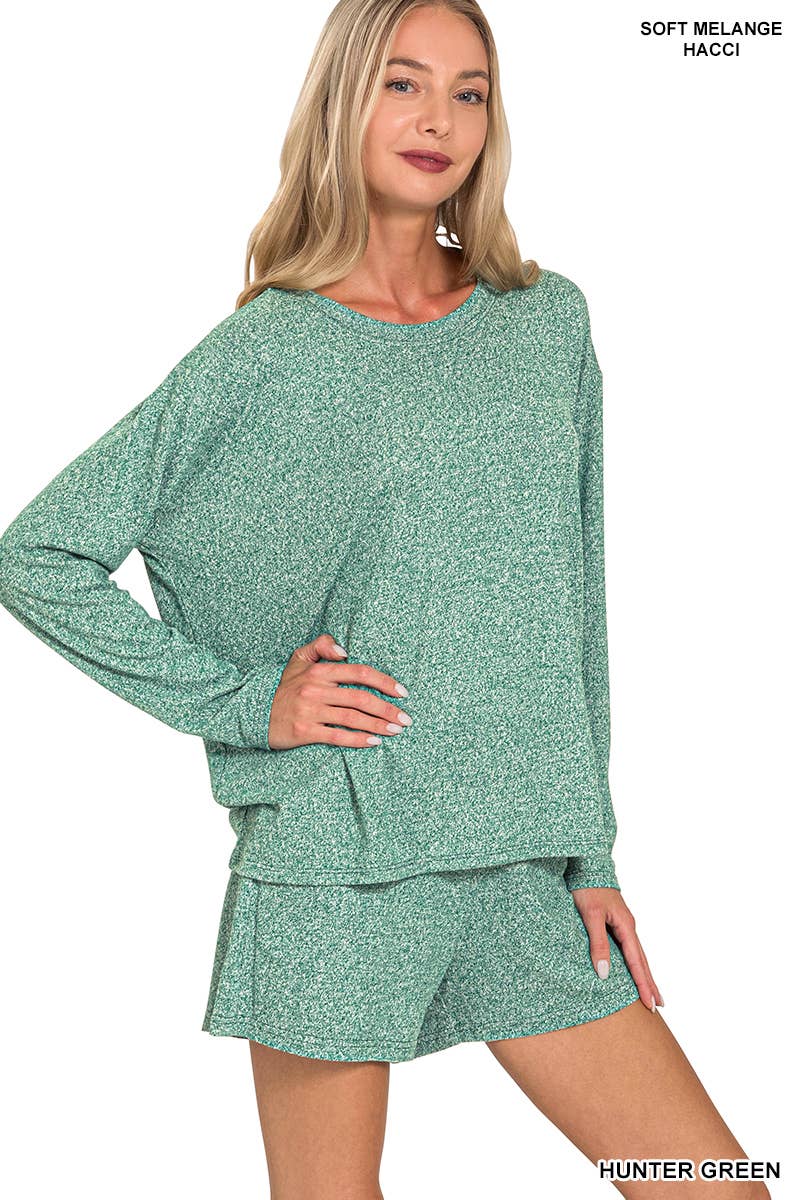 Soft Melange Long Sleeve Tee & Shorts Loungewear Set-Zenana