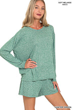 Soft Melange Long Sleeve Tee & Shorts Loungewear Set-Zenana