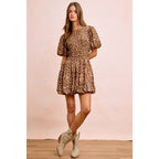 LEOPARD BOW TIE ATTACHABLE PUFF SLEEVES DRESS