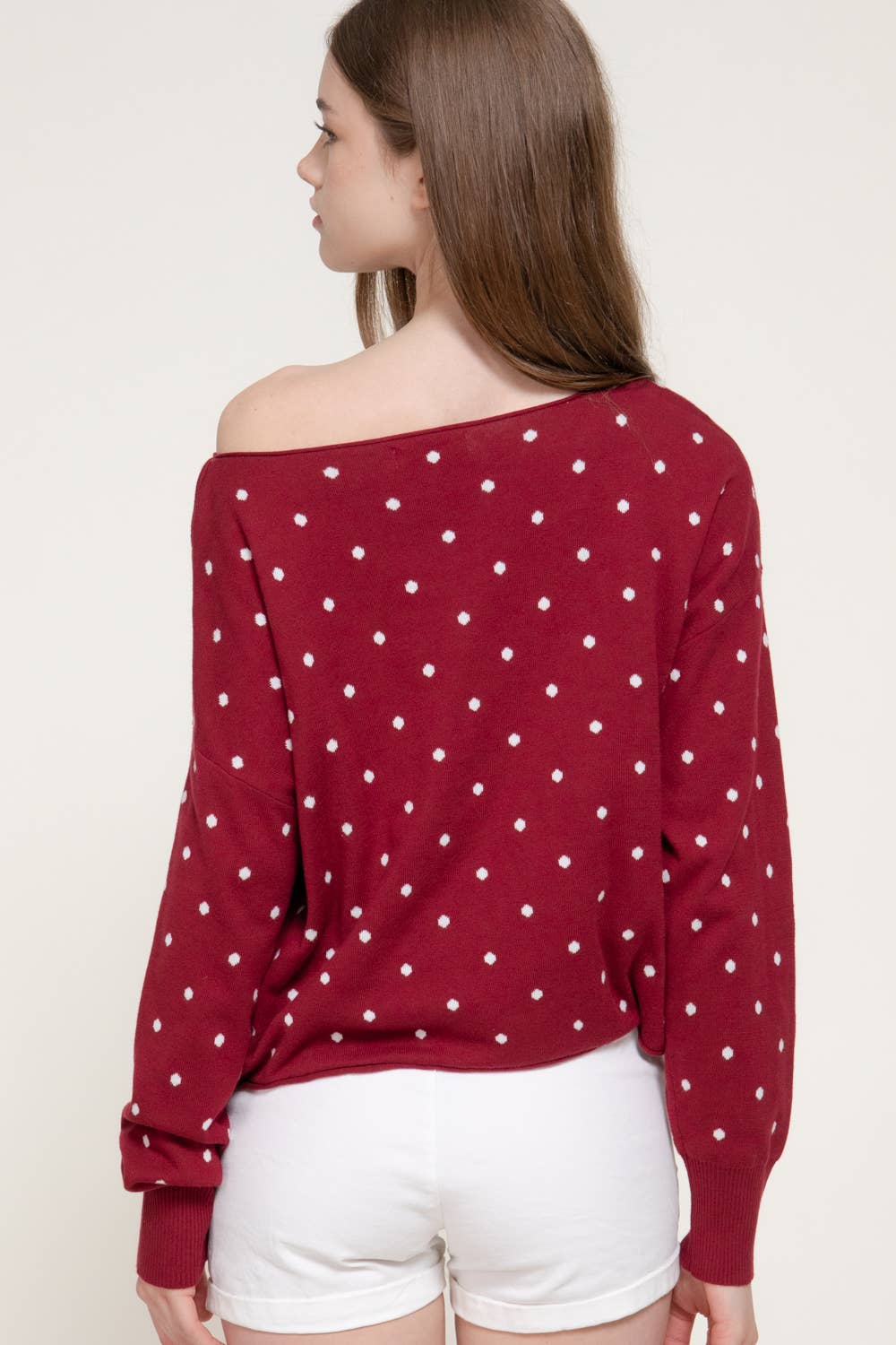 Long Sleeve Asymmetrical Off The Shoulder Dot Sweater Top
