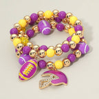 3PCS - Game Day Football Helmet Charm Beaded Stretch Multi Layered Bracelets
