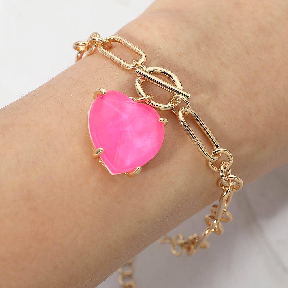 Chunky Heart Stone Cluster Toggle Charm Bracelet