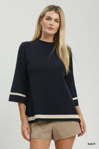 Contrast Trim Mock Neck 3/4 Sleeve Knit Top