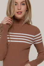 Rolled Mock Neck Stripe Sweater