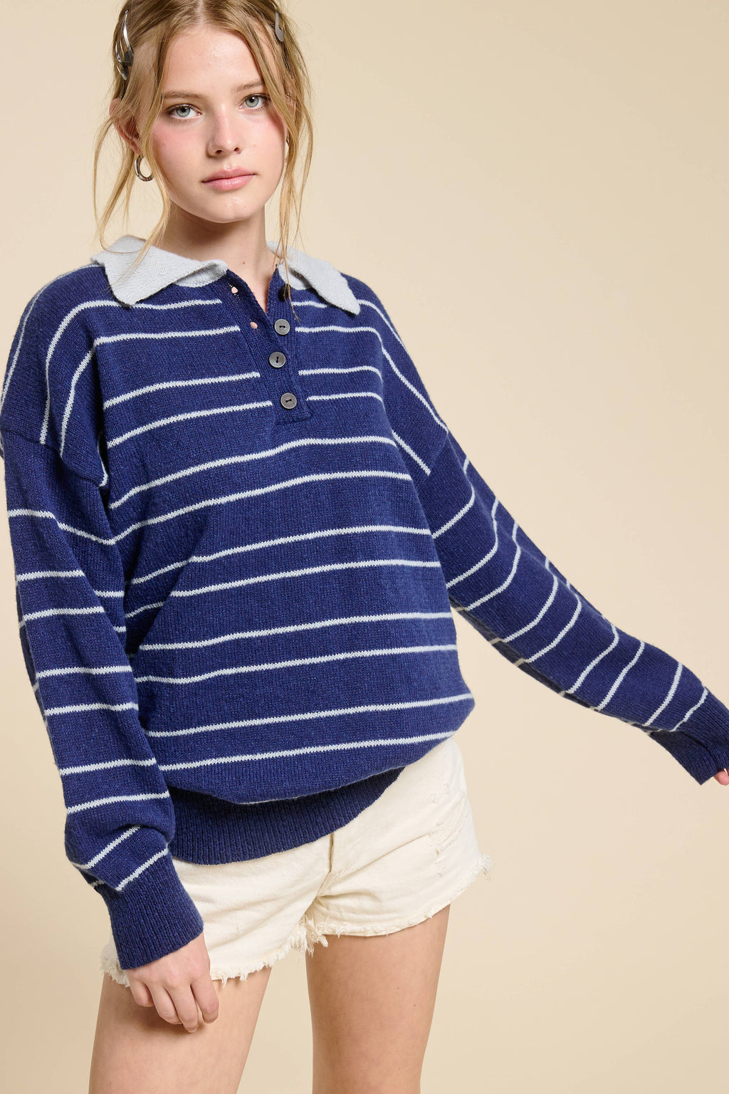 Striped Knit Polo Pullover Sweater