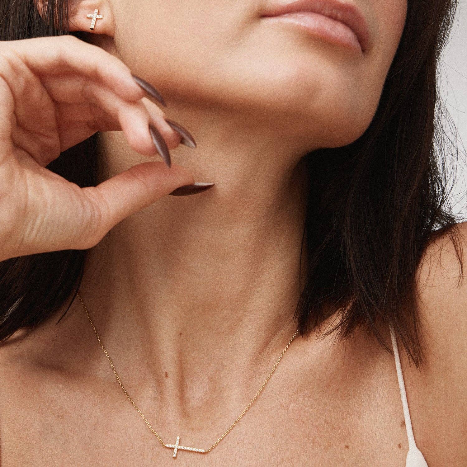 18K Gold Dipped CZ Sideways Cross Necklace