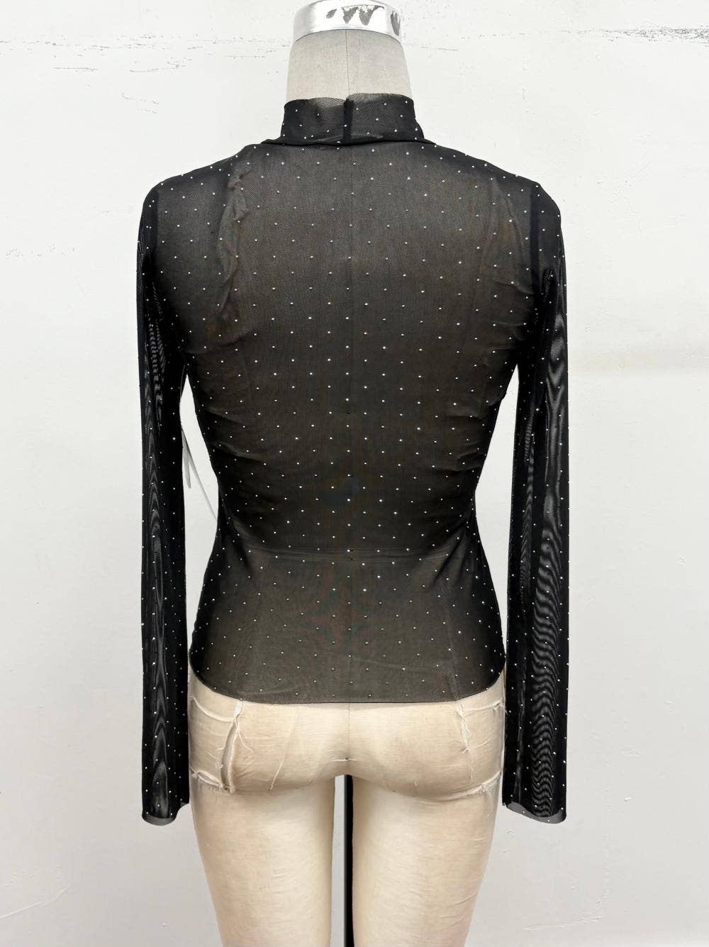Rhinestone Sheer Mesh Mock Neck Top
