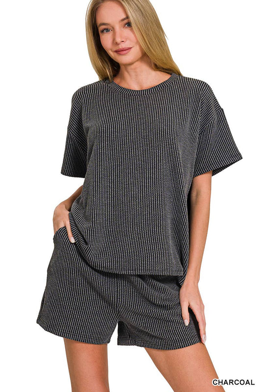 `.Corded Rib Short Sleeve Tee & Short Pants 2PC Set