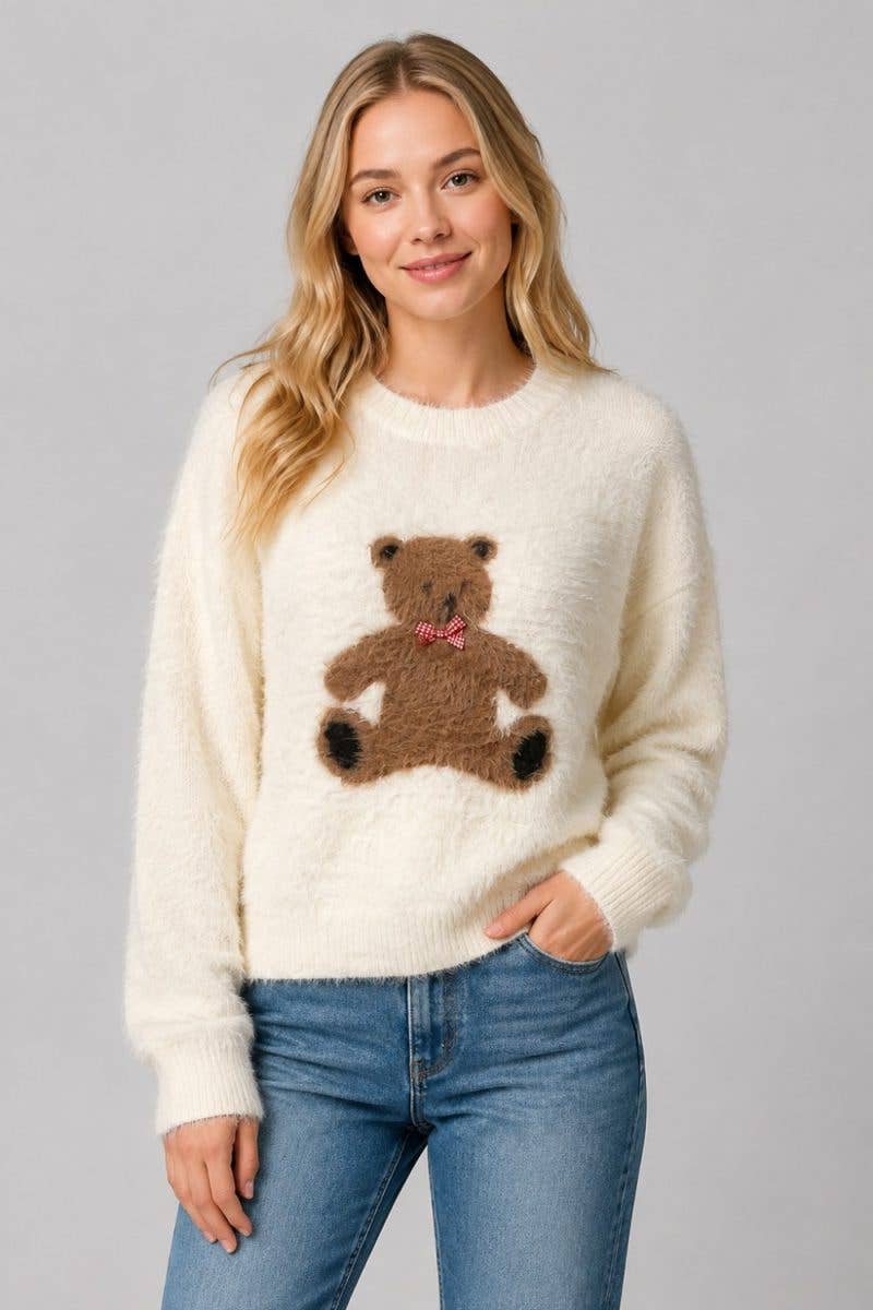 Fuzzy Teddy Bear Appliqué Sweater