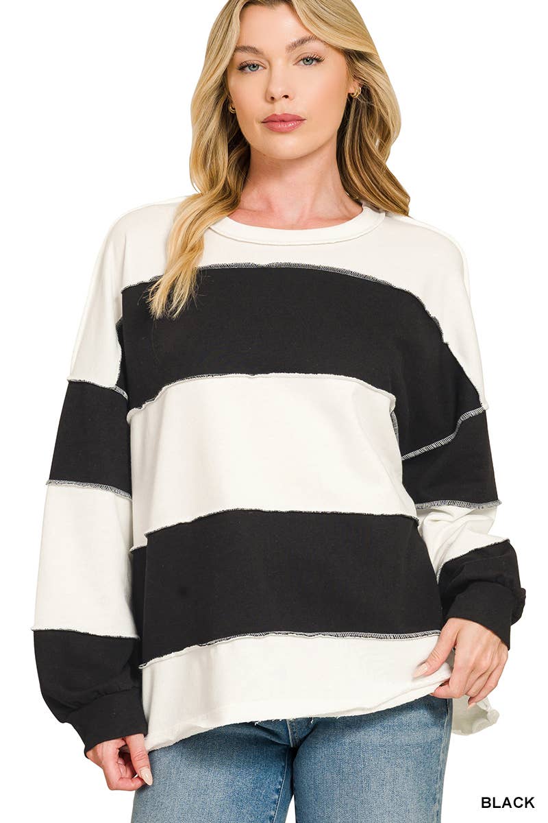 French Terry Color Block Exposed Seam Oversized Top