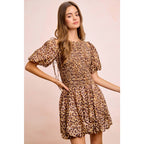 LEOPARD BOW TIE ATTACHABLE PUFF SLEEVES DRESS