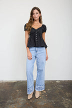 V NECK LADDER LACE PUFF SLEEVE BUTTON DOWN TOP