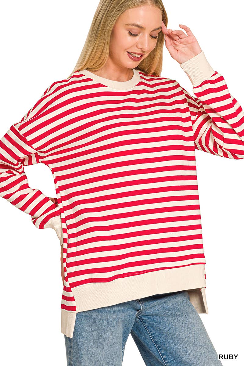 Premium Yarn Dyed Stripe Fleece Hi Low Sweatshirt w/ Pockets