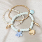 3PCS - Starfish Sea Shell Charm Heishi Pearl Beaded Stretch Multi Layered Bracelets