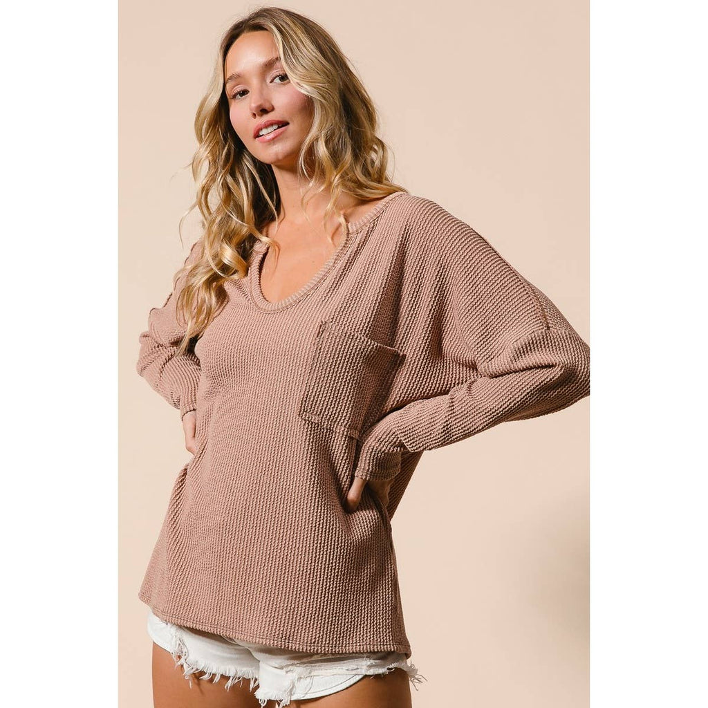 WAVY TWO TONE RIB NOTCH NECK PATCH POCKET TOP