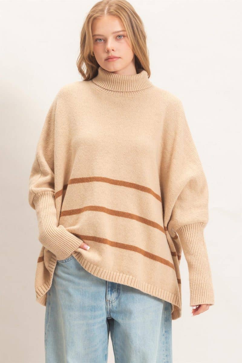 Striped Turtleneck Poncho Sweater