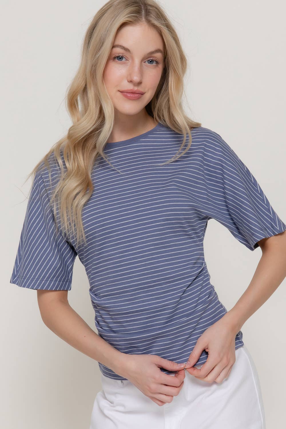 Short Dolman Sleeve Defined Silhouette Stripe Knit Top