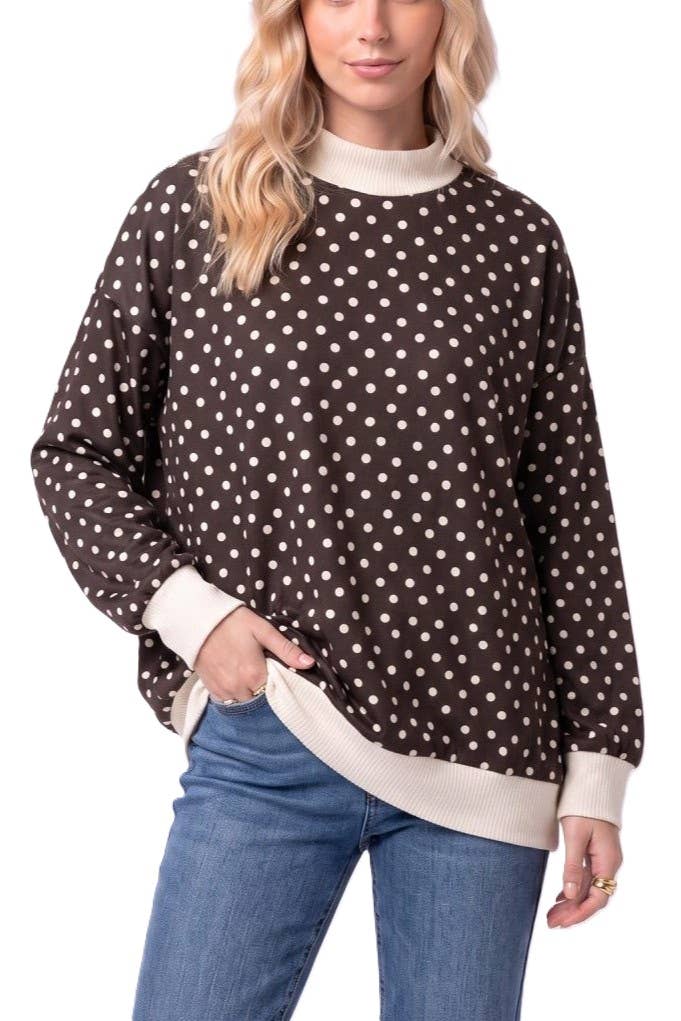 Polka Dot Ribbed Contrast Pullover Top