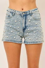 IP3387 Faux pearl-studded Stretch Denim Shorts