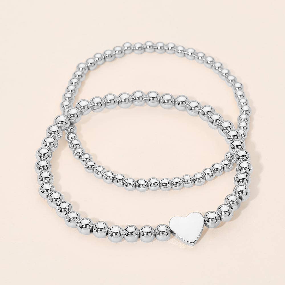 2PCS - Gold Dipped Heart Charm Ball Beaded Stretch Multi Layered Bracelets