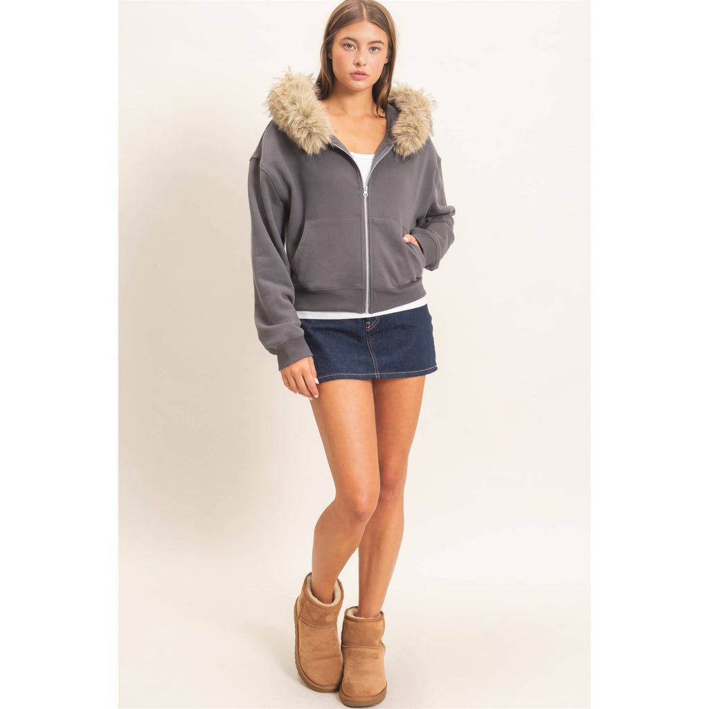 Detachable Fur Zip Up Hoodie