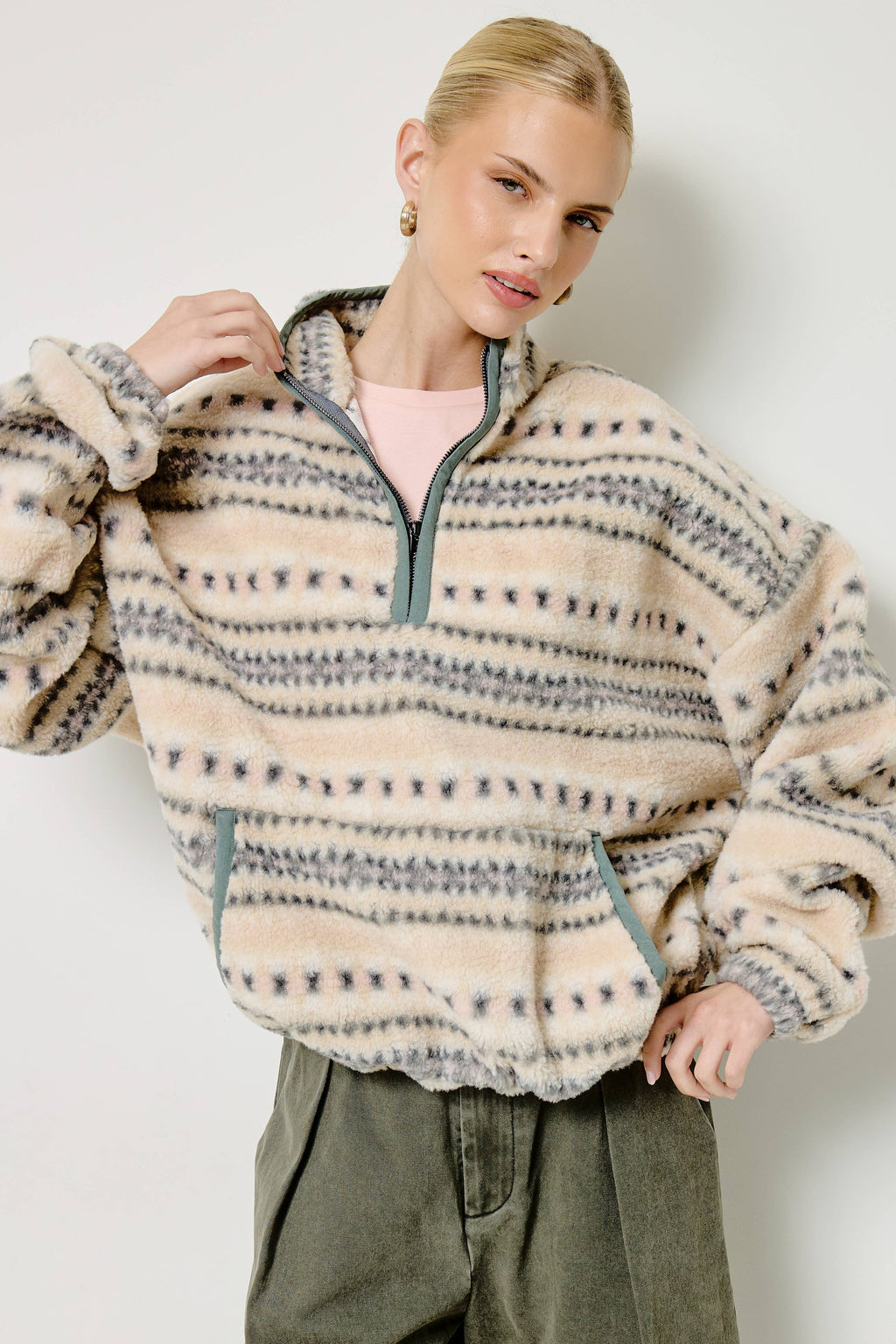 Novelty Stripe Sherpa Half Zip Pullover